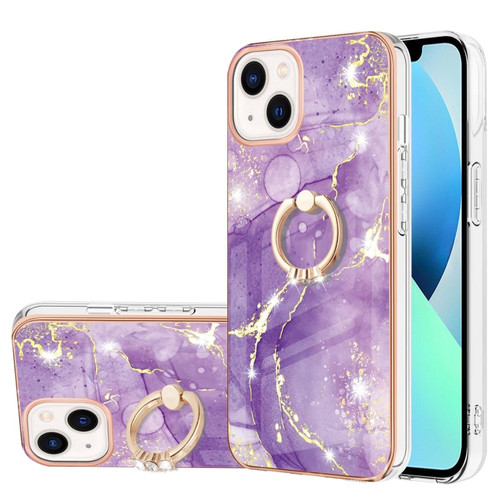 iPhone 15 Plus Electroplating Marble Pattern IMD TPU Shockproof Case with Ring Holder - Purple 002