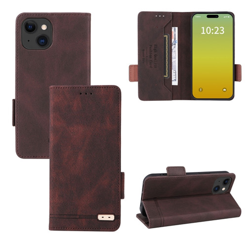iPhone 15 Plus Magnetic Clasp Leather Phone Case - Brown