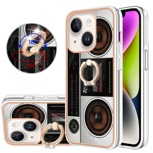 iPhone 15 Plus Electroplating Dual-side IMD Phone Case with Ring Holder - Retro Radio