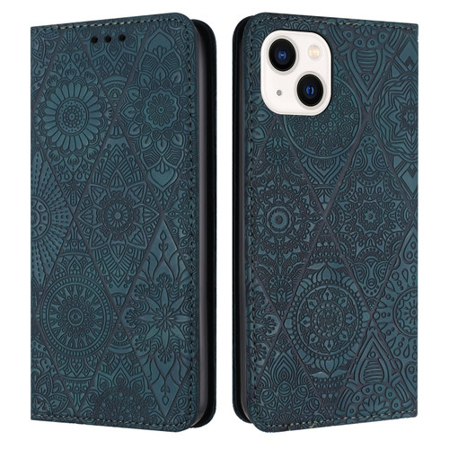 iPhone 15 Plus Ethnic Embossed Adsorption Leather Phone Case - Blue