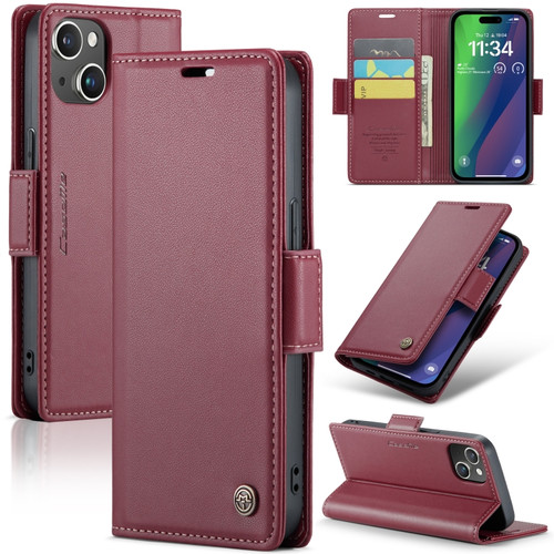 iPhone 15 Plus CaseMe 023 Butterfly Buckle Litchi Texture RFID Anti-theft Leather Phone Case - Wine Red
