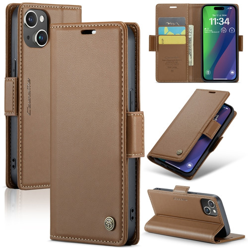 iPhone 15 Plus CaseMe 023 Butterfly Buckle Litchi Texture RFID Anti-theft Leather Phone Case - Brown