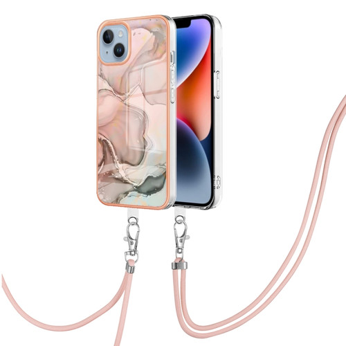 iPhone 15 Plus Electroplating Marble Dual-side IMD Phone Case with Lanyard - Rose Gold 015