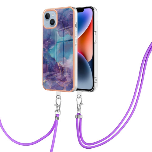 iPhone 15 Plus Electroplating Marble Dual-side IMD Phone Case with Lanyard - Purple 016