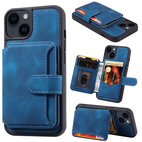 iPhone 15 Plus Skin Feel Dream RFID Anti-theft PU Card Bag Phone Case - Peacock Blue