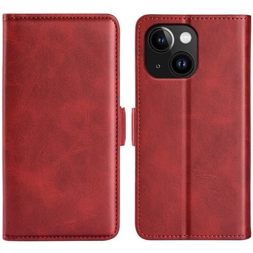 iPhone 15 Plus Dual-side Magnetic Buckle Horizontal Flip Leather Phone Case - Red