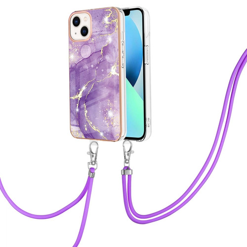 iPhone 15 Plus Electroplating Marble Pattern IMD TPU Shockproof Case with Neck Lanyard - Purple 002