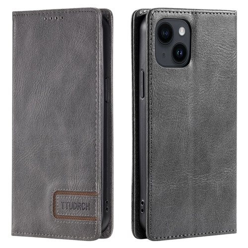 iPhone 15 Plus TTUDRCH RFID Retro Texture Magnetic Leather Phone Case - Grey