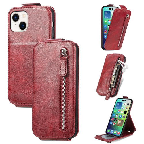 iPhone 15 Plus Zipper Wallet Vertical Flip Leather Phone Case - Red