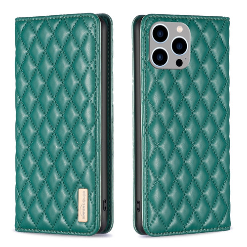 iPhone 15 Plus Diamond Lattice Magnetic Leather Flip Phone Case - Green