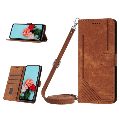 iPhone 15 Plus Skin Feel Stripe Pattern Leather Phone Case with Lanyard - Brown