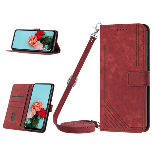 iPhone 15 Plus Skin Feel Stripe Pattern Leather Phone Case with Lanyard - Red