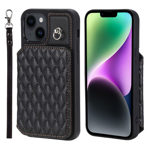 iPhone 15 Plus Grid Texture Card Bag Phone Case with Lanyard - Black