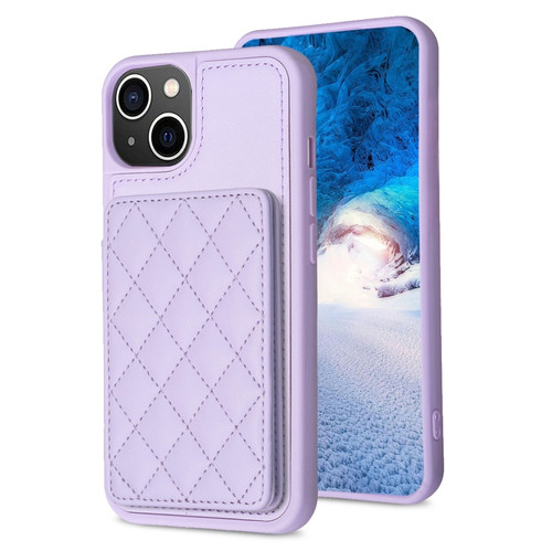 iPhone 15 Plus BF25 Square Plaid Card Bag Holder Phone Case - Purple