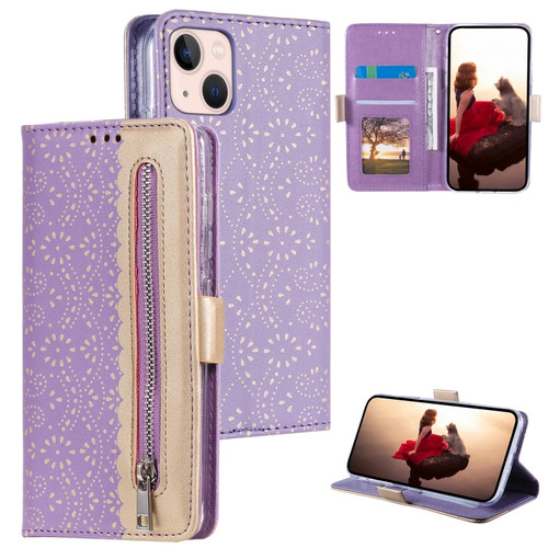 iPhone 15 Plus Lace Pattern Double Button Zipper Leather Phone Case with Lanyard - Purple