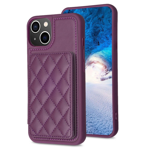 iPhone 15 Plus BF25 Square Plaid Card Bag Holder Phone Case - Dark Purple