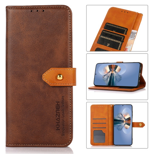iPhone 15 Plus KHAZNEH Dual-color Cowhide Texture Flip Leather Phone Case  - Brown