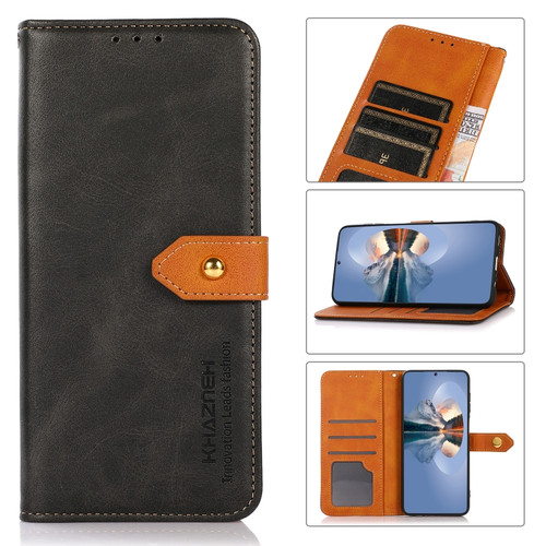 iPhone 15 Plus KHAZNEH Dual-color Cowhide Texture Flip Leather Phone Case  - Black