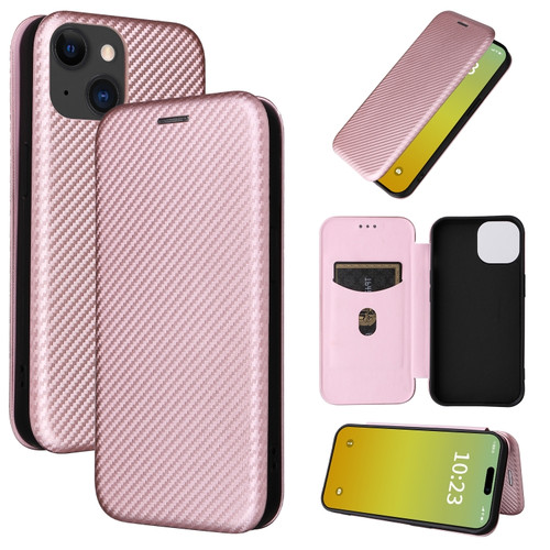 iPhone 15 Plus Carbon Fiber Texture Flip Leather Phone Case - Pink