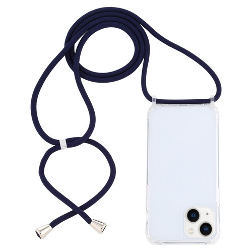 iPhone 15 Plus Transparent Acrylic Airbag Shockproof Phone Protective Case with Lanyard - Navy Blue