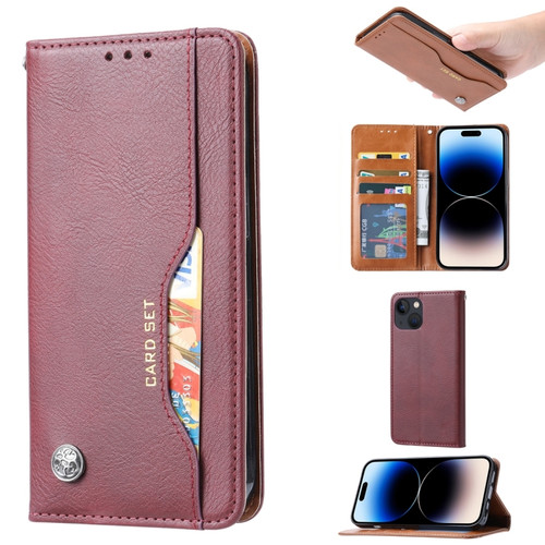 iPhone 15 Plus Knead Skin Texture Horizontal Flip Leather Phone Case - Wine Red