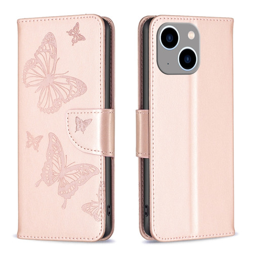 iPhone 15 Plus Embossing Two Butterflies Pattern Leather Phone Case - Rose Gold