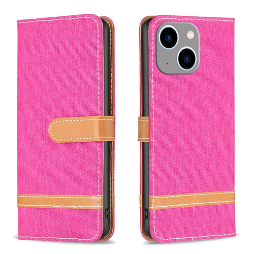 iPhone 15 Plus Color Block Denim Texture Leather Phone Case - Rose Red