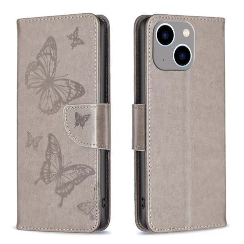 iPhone 15 Plus Embossing Two Butterflies Pattern Leather Phone Case - Grey