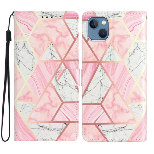 iPhone 15 Plus Colored Drawing Leather Phone Case - Pink Marble