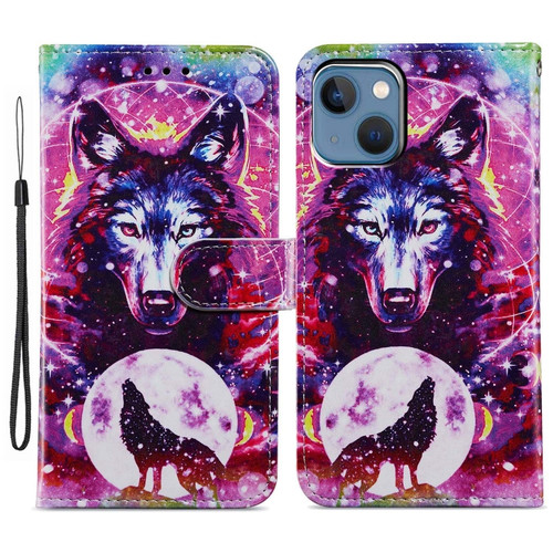 iPhone 15 Plus Colored Drawing Leather Phone Case - Wolf Totem