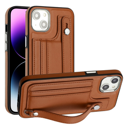 iPhone 15 Plus Shockproof Leather Phone Case with Wrist Strap - Brown