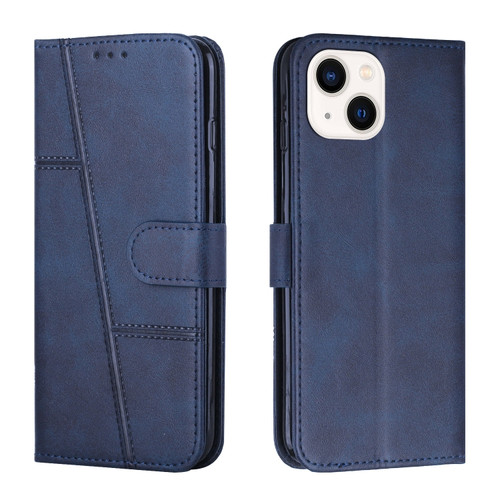 iPhone 15 Plus Stitching Calf Texture Buckle Leather Phone Case - Blue