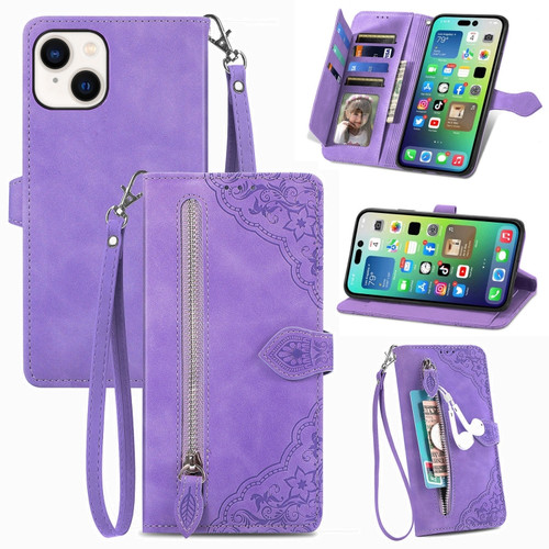 iPhone 15 Plus Embossed Flower Zipper Leather Phone Case - Purple