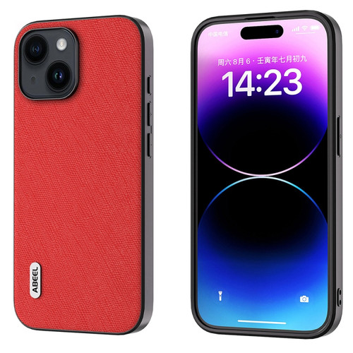 iPhone 15 Plus ABEEL Cross Texture Genuine Leather Phone Case - Red