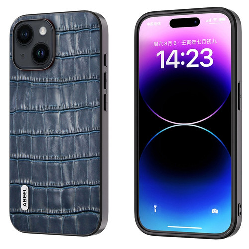 iPhone 15 Plus ABEEL Crocodile Texture Genuine Leather Phone Case - Blue