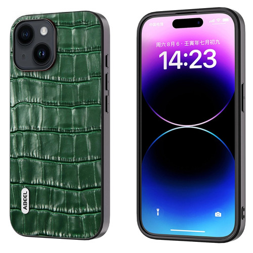 iPhone 15 Plus ABEEL Crocodile Texture Genuine Leather Phone Case - Green