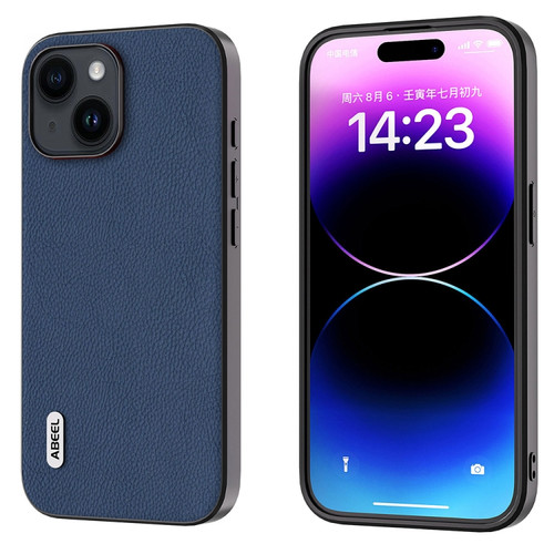 iPhone 15 Plus ABEEL Genuine Leather + PC Litchi Texture Phone Case - Blue