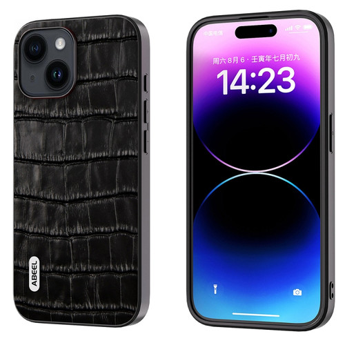 iPhone 15 Plus ABEEL Crocodile Texture Genuine Leather Phone Case - Black