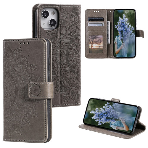 iPhone 15 Plus Totem Flower Embossed Leather Phone Case - Grey