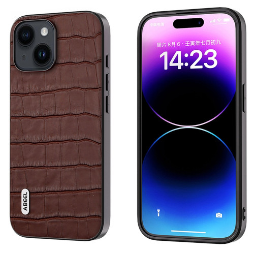 iPhone 15 Plus ABEEL Crocodile Texture Genuine Leather Phone Case - Brown