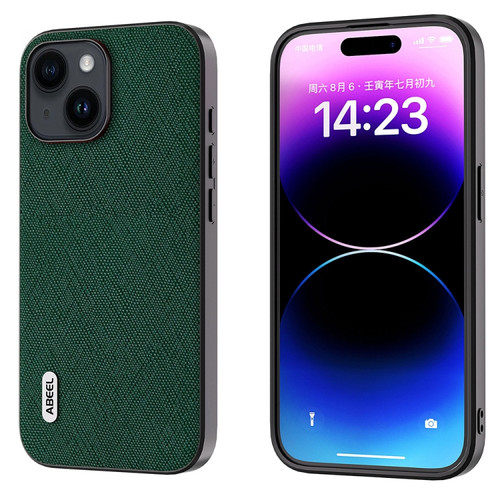 iPhone 15 Plus ABEEL Cross Texture Genuine Leather Phone Case - Green