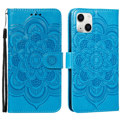 iPhone 15 Plus Mandala Embossing Pattern Horizontal Flip Leather Phone Case - Blue