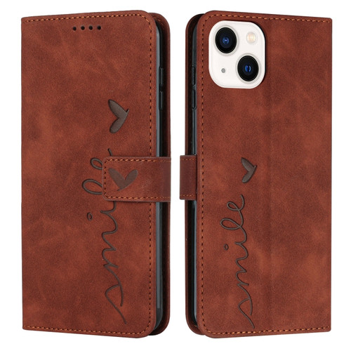 iPhone 15 Plus Skin Feel Heart Pattern Leather Phone Case - Brown