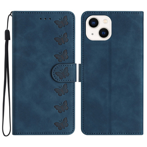 iPhone 15 Plus Seven Butterflies Embossed Leather Phone Case - Blue