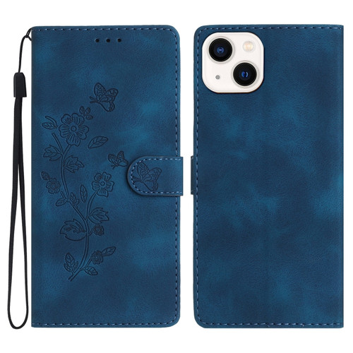 iPhone 15 Plus Flower Butterfly Embossing Pattern Leather Phone Case - Blue