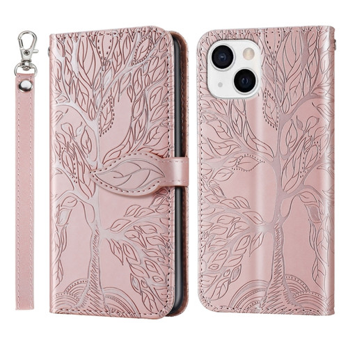iPhone 15 Plus Life Tree Embossing Pattern Leather Phone Case - Rose Gold