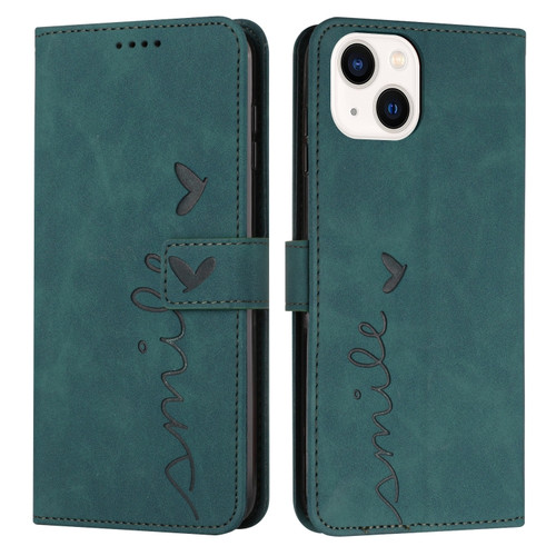 iPhone 15 Plus Skin Feel Heart Pattern Leather Phone Case - Green