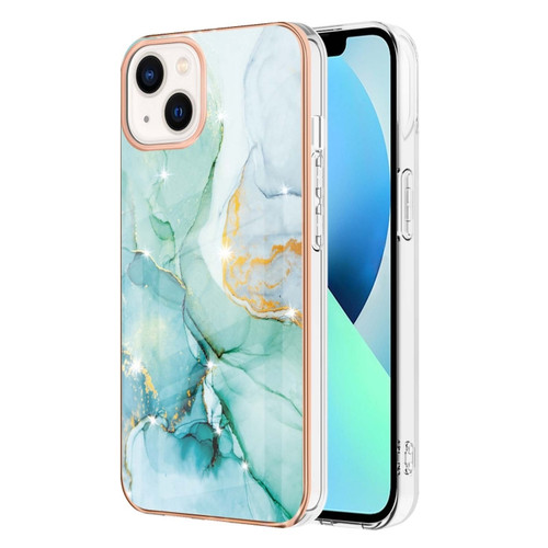 iPhone 15 Plus Electroplating Marble Pattern Dual-side IMD TPU Shockproof Phone Case - Green 003