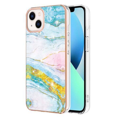 iPhone 15 Plus Electroplating Marble Pattern Dual-side IMD TPU Shockproof Phone Case - Green 004