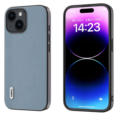 iPhone 15 Plus ABEEL Black Edge Genuine Leather Mino Phone Case - Blue